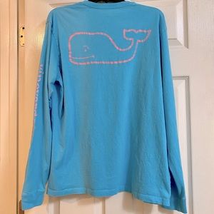 Vineyard Vines Vintage Whale Long Sleeve Pocket Tee Blue and Pink